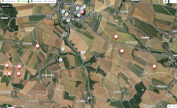 Mapa plánovaného umístění větrných elektráren – Slavíkovice a Menhartice