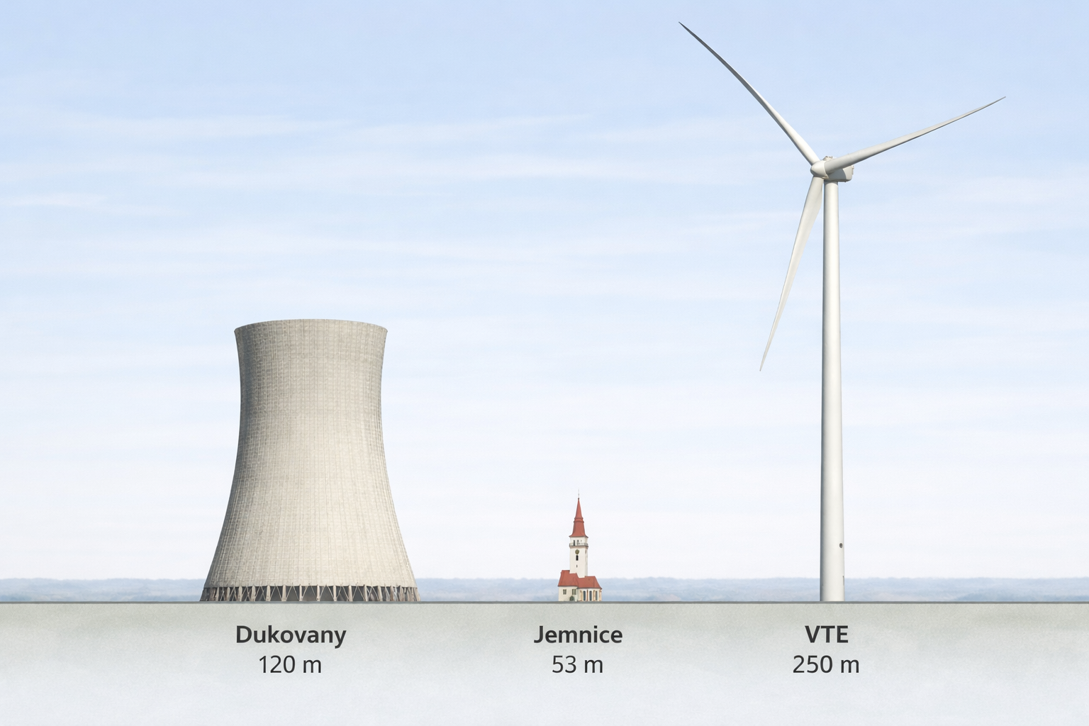 Srovnání výšky VTE, elektrárny Dukovany a města Jemnice