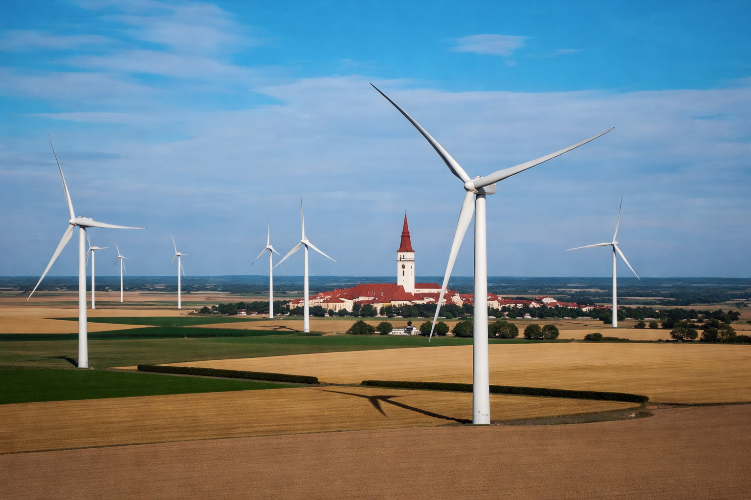 Ilustrační vizualizace více větrných elektráren v krajině u Jemnice